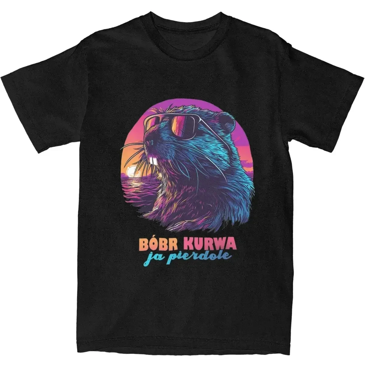 Фото Футболка для пар Synthewave Polish Beaver Meme Bobr Bober Kurwa, новинка, летняя футболка, уличная мода, дизайнерский топ №1