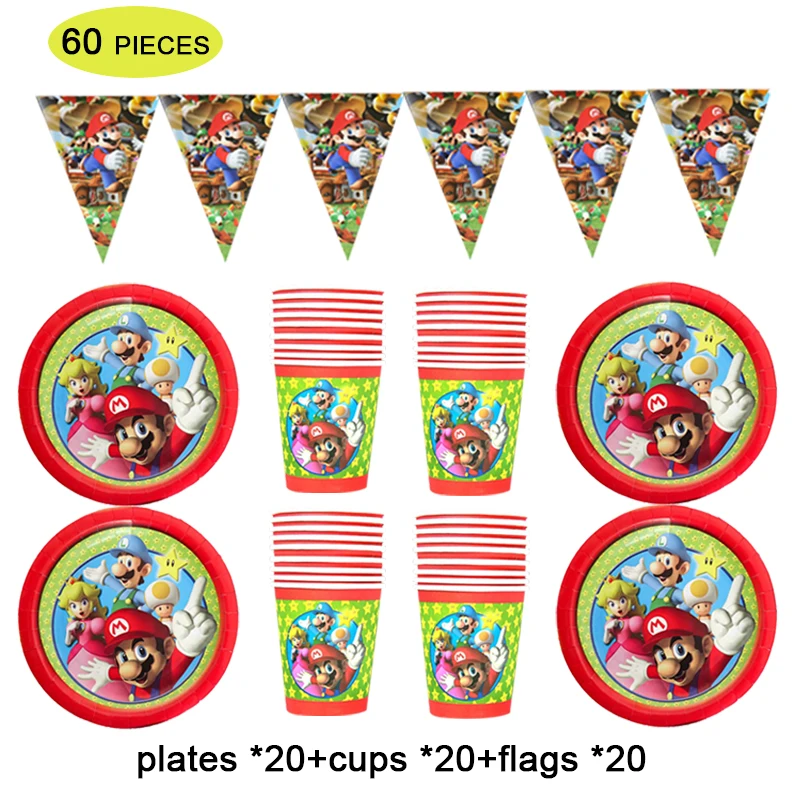 

Super Bros Birthday Party Supplies Tableware Paper Plates Cup Kids Birthday Party Decorations Flag Banner Baby Shower Party Suit