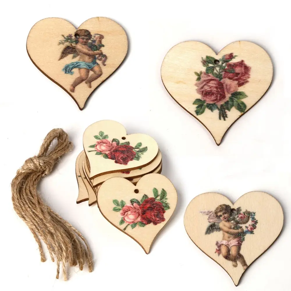 

Supplies Home Decoration Laser Cut Wood DIY Crafts Wooden Slice Rose Flower Ornament Printed Angel Hanging Pendant