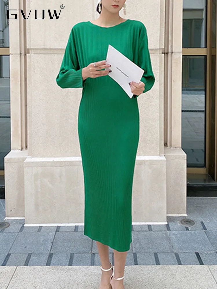 

GVUW Patchwork Pleated Dress For Women Batwing Sleeve O Neck High Waist Elegant New 2023 Autumn Holiday Party Clothing 17G2247