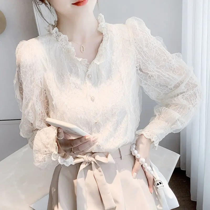 

Early spring French minority blouse women interior design feels sweet and gentle lace shirt fairy long sleeve chiffon shirt