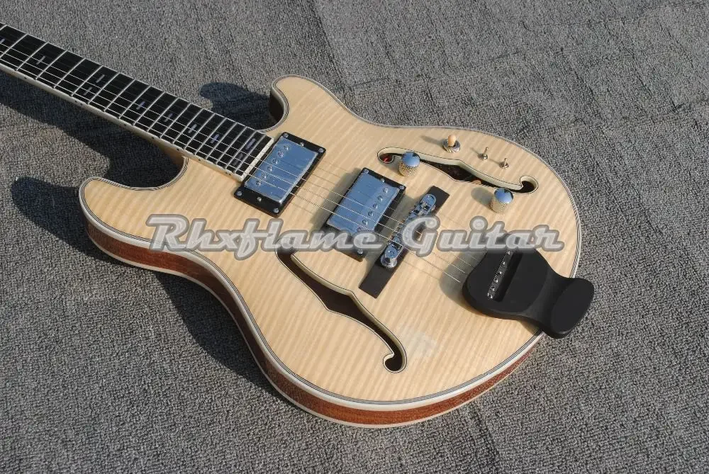 

Rhxflame Langue Semi Hollow Body Natural Flame Maple Top Electric Guitar Carved Ebony Tailpiece Small Bolck Inlay Double F Holes
