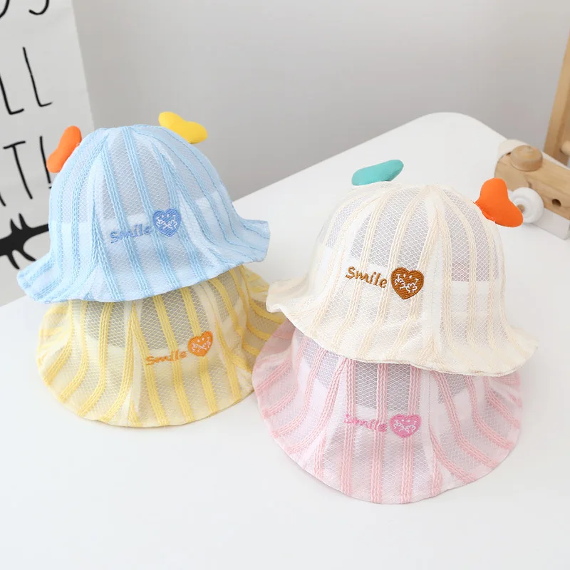 

Spring Summer Thin Breathable Cotton Fisherman Caps with Windproof Rope Baby Boys Girls Mesh Fashion Sun Protector Bucket Hats