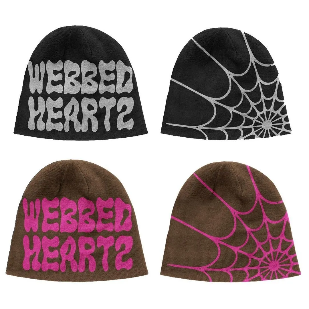 

beanie Cap Knitted Pullover Wool Hat Caps Spider Web Printed Warm Hat Hip-hop Fashion Street Punk Winter Knitted Cap Y2K Gothic