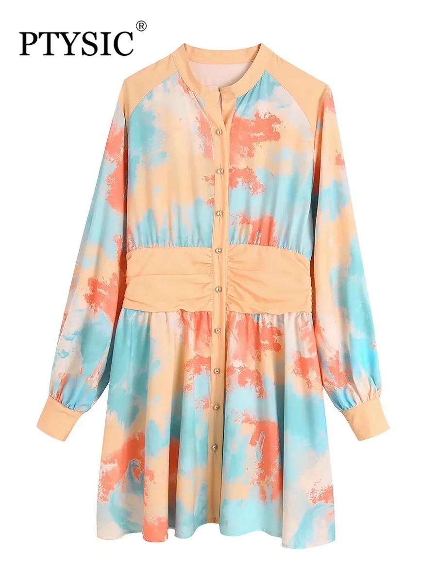 

Модное женское платье PTYSIC с подходящим цветом, свободное мини-платье с галстуком, летнее однобортное Повседневное платье с рукавами-фонари...