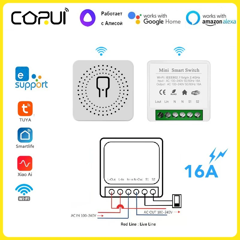 

CoRui Wifi Smart Switch 16A DIY Light Switches 2/1 Way Wireless Smart Home With Tuya Smart Life EweLink Alexa Alice Google Home