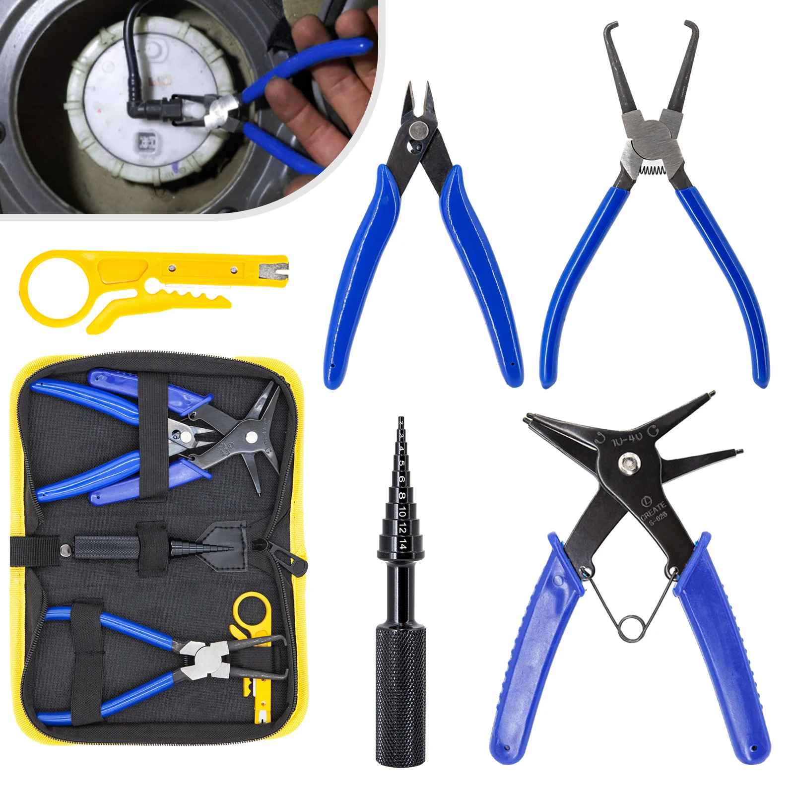 

Multi-Function Car Hose Clamp Pliers Snap Ring Pliers Bearing Remover Cable Stripper for Auto Repair Hand Tool Kit with Storage