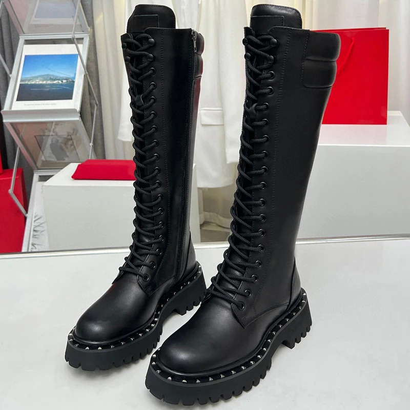 

Женские высокие ботинки с заклепками, с круглым носком, на толстой подошве, Размеры 35-41