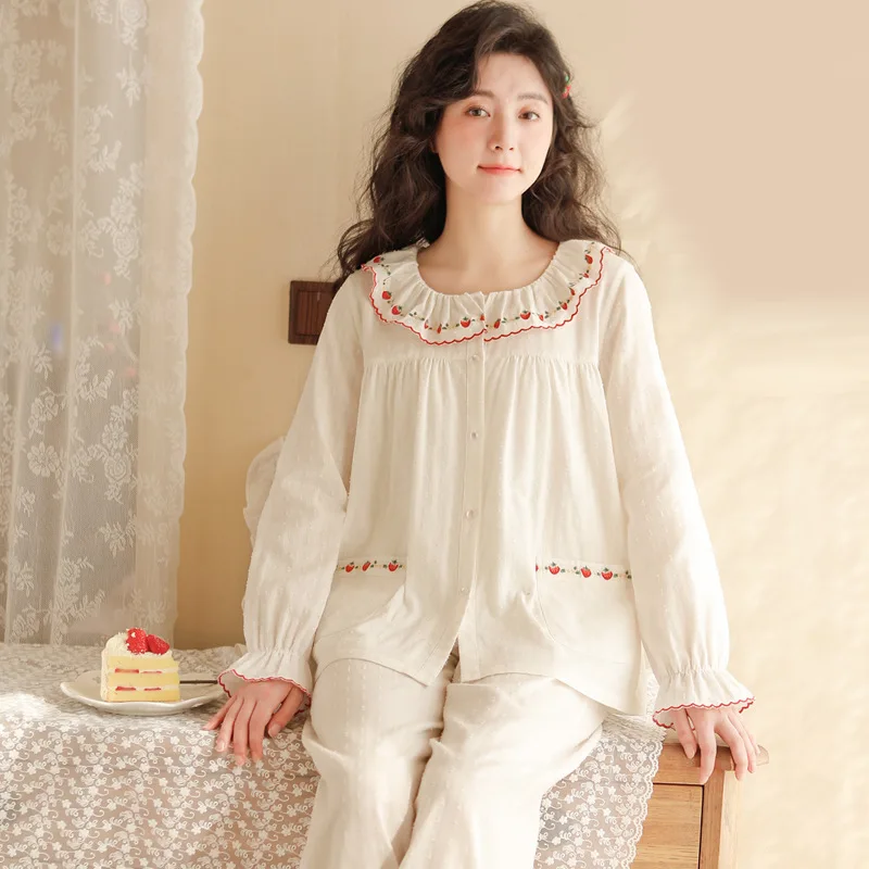 

Женский винтажный пижамный комплект из чистого хлопка, Свободный кардиган с длинным рукавом, одежда для сна