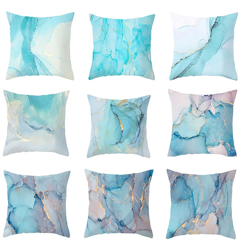 

Light Luxury Watercolor Ink Pattern Pillow Cover Peach Skin Velvet Marble Pattern Gold Edge Printing Home Bedroom Pillow Cushion