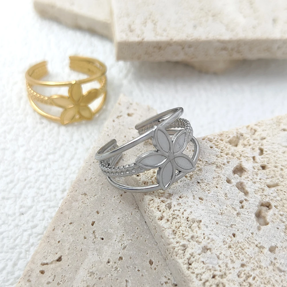 

Women Korea Flower Ring Stainless Steel Gold Color Boho Adjustable Open Finger Rings 2023 Fashion Jewelry Gift for Lover
