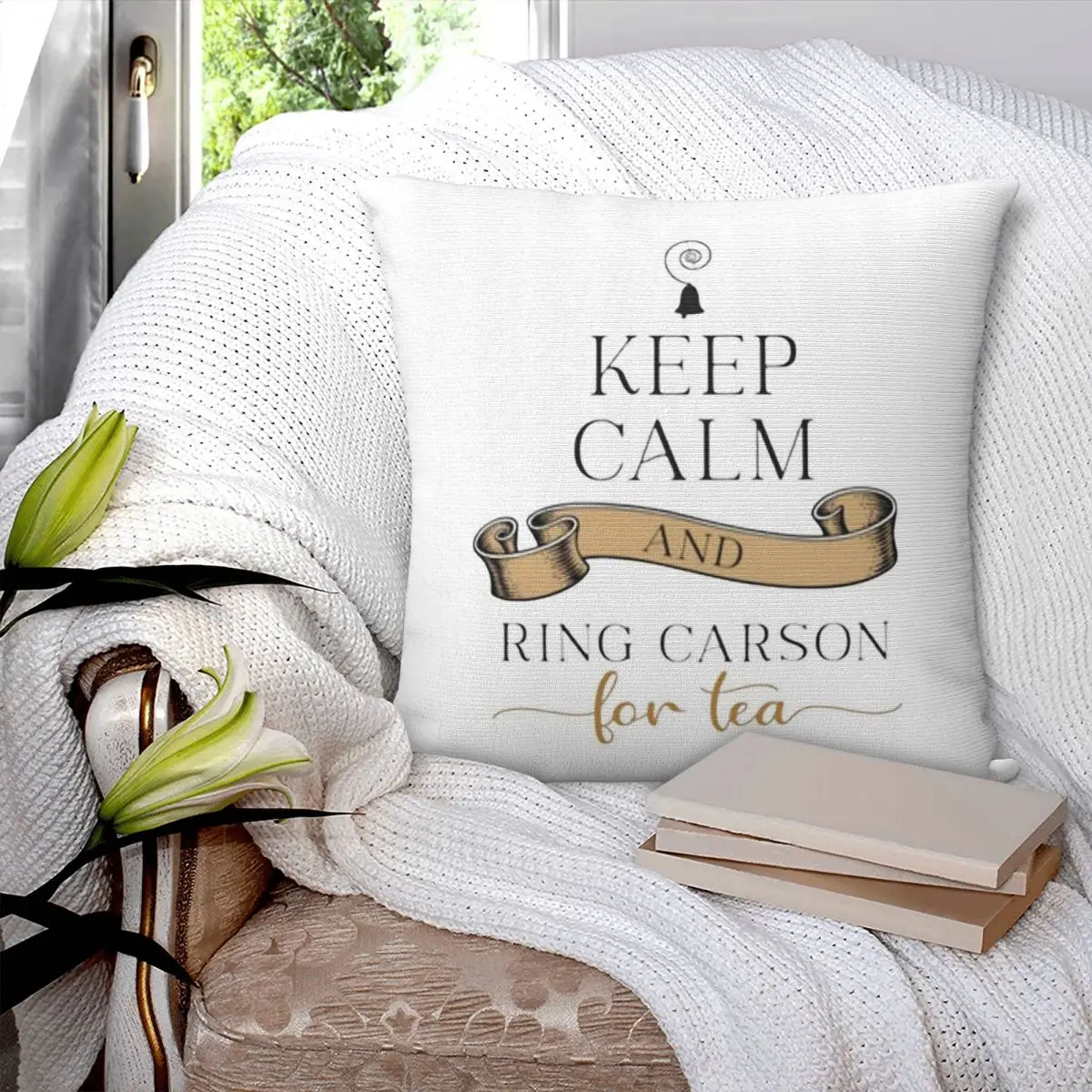 Фото Наволочка Keep Calm And Ring Carson Square, полиэстер, лен, бархат, с узором, на молнии, декоративная наволочка для дивана, 45x45 см №3