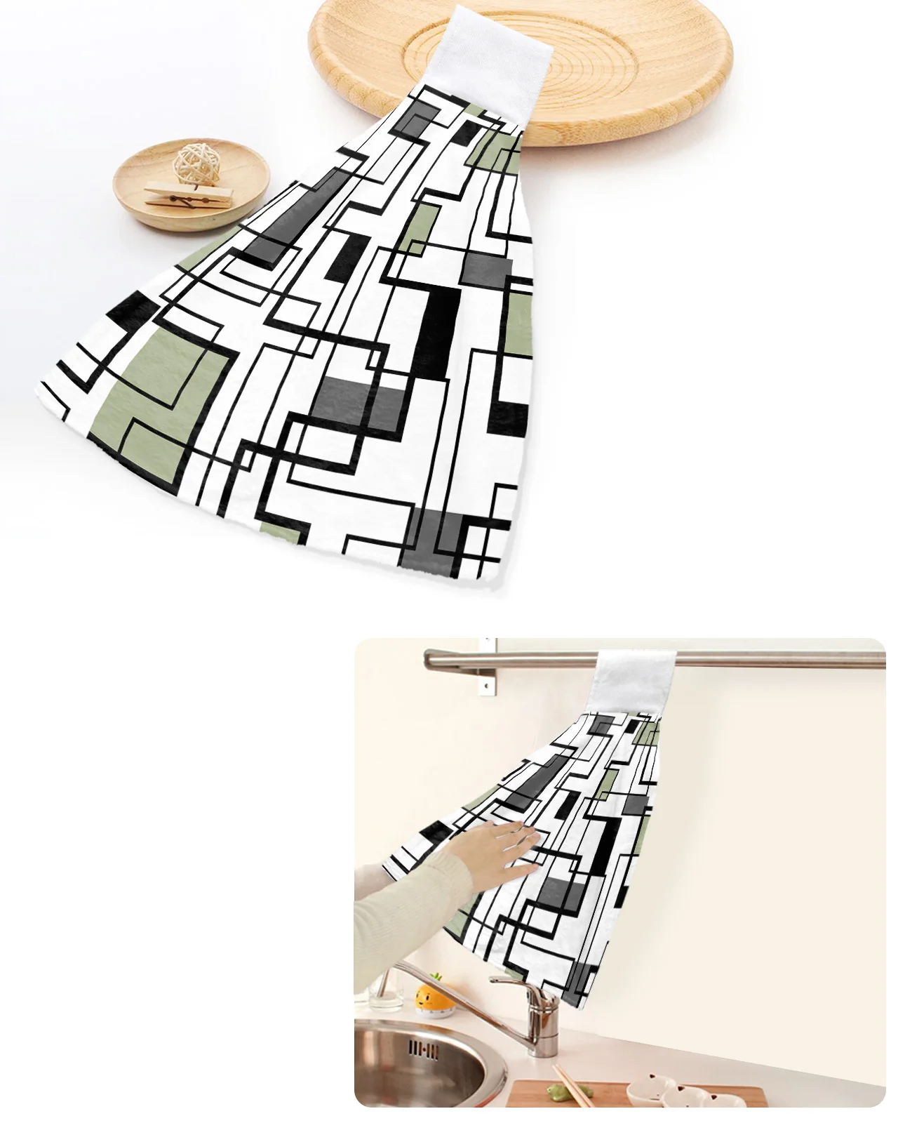 

Abstract Geometry Blocks Modern Art Sage Green Hand Towels Home Kitchen Bathroom Hanging Dishcloths Absorbent Custom Wipe Towel