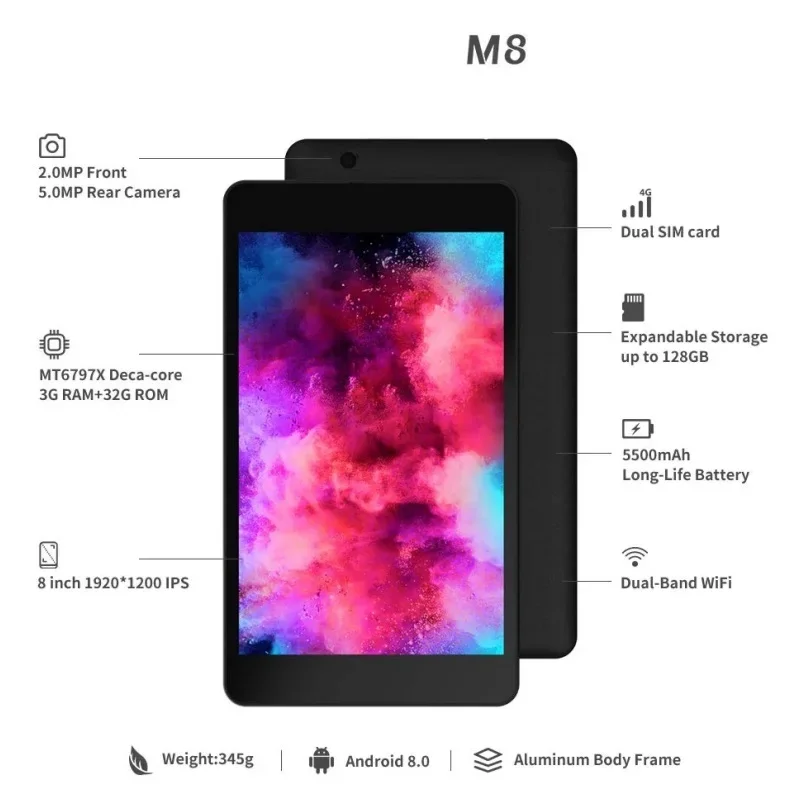 Фото Планшет Android 10 с IPS-экраном 1920x1200, 8 дюймов, процессор MTK6797 10-ядерный, 3 ГБ ОЗУ + 32 ГБ ПЗУ, двойная камера, Wi-Fi, Bluetooth 4.2 №2