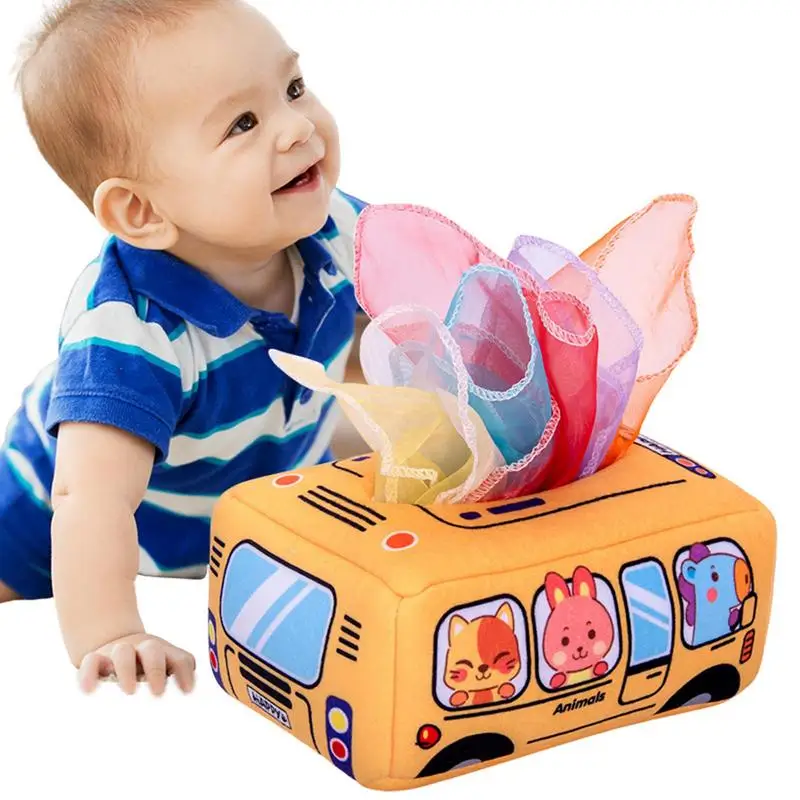 

Коробка для салфеток, игрушка для детей, сенсорные игрушки для мелкой моторики, высококонтрастные шелковые шарфы и мягкие игрушки для детей 6-12 месяцев