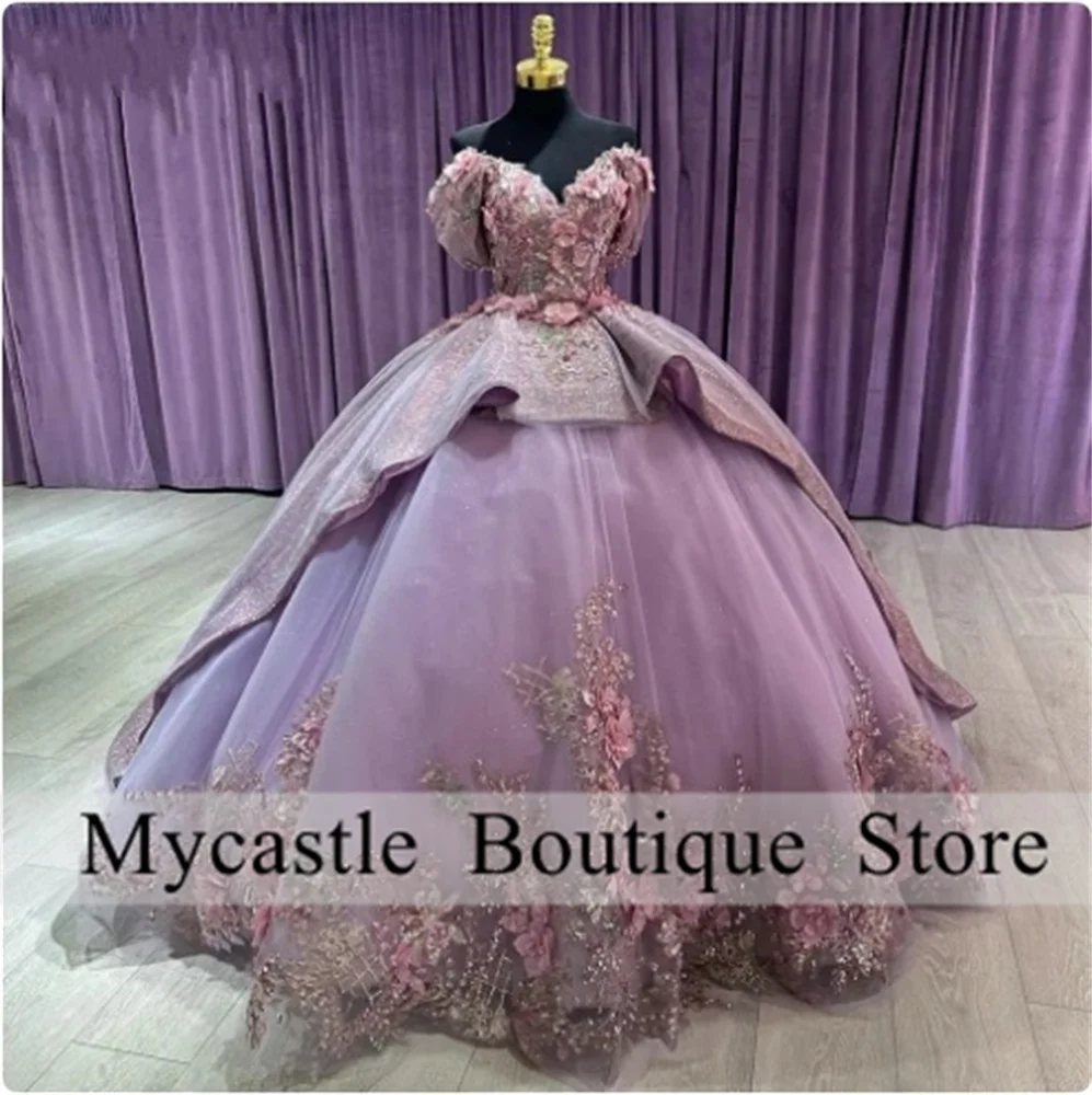 

Lilac 3D Flower Appliques Lace Quinceanera Dresses 2024 Ball Gown Off Shoulder Ruffles Sweet 16 Dress Corset Vestidos De 15 Años