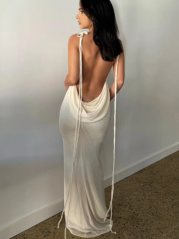 

Sexy Spaghetti Strap Backless Bandage Draped White Maxi Dress for Women 2022 Elegant Sleeveless Party Club Long Dresses Outfits