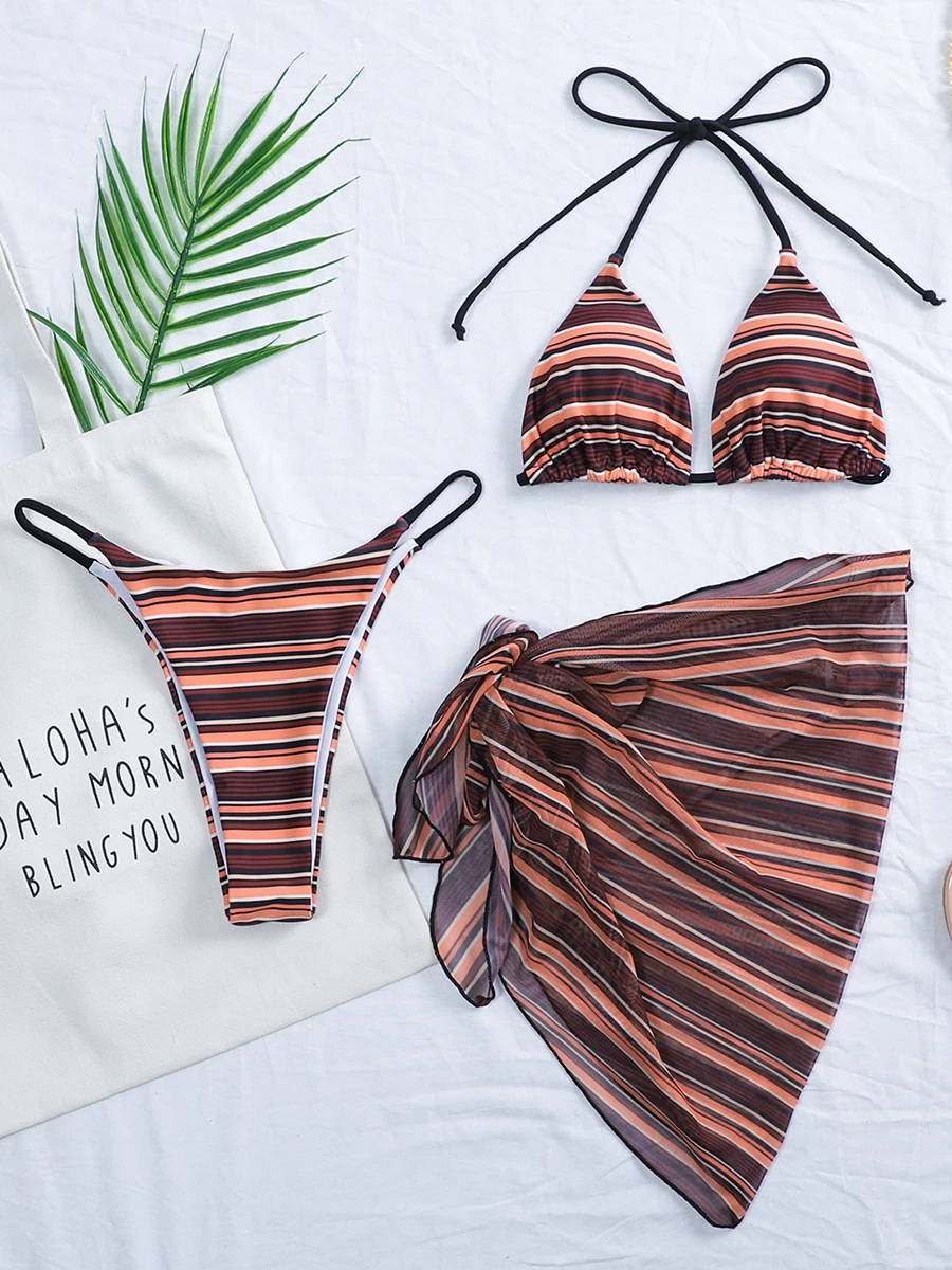 

Sexy Striped Halter Micro thong bikini Women Swimsuit Female Swimwear Three pieces Bikini set with Mesh Skirt Bathing suit Swim