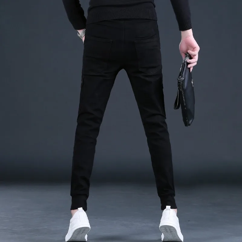 Autumn Men Cargo Pants Jeans Fashion Streetwear Black Elastic Waist Drawstring Denim Trousers