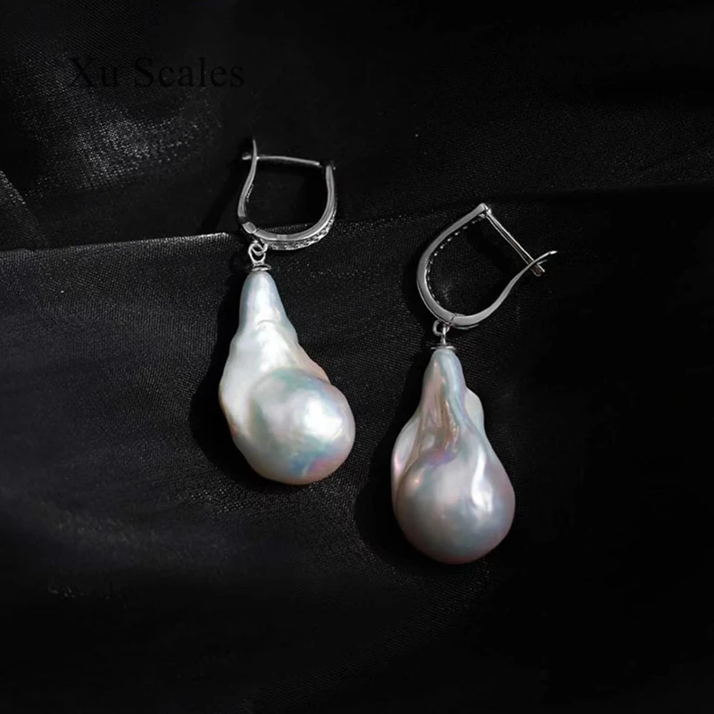 

S925 Sterling Silver Inlaid Zircon 20-30mm Natural Fresh Water Shape Large Baroque Pearl Earrings Vintage Quality Jewelry Gift
