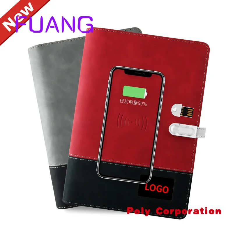 Custom LED Logo A5 Loose Leaf Pu Leather Splice Hard Cover 6 Binder Diary Powerbank Notebook With 10000mah for Apple and Android