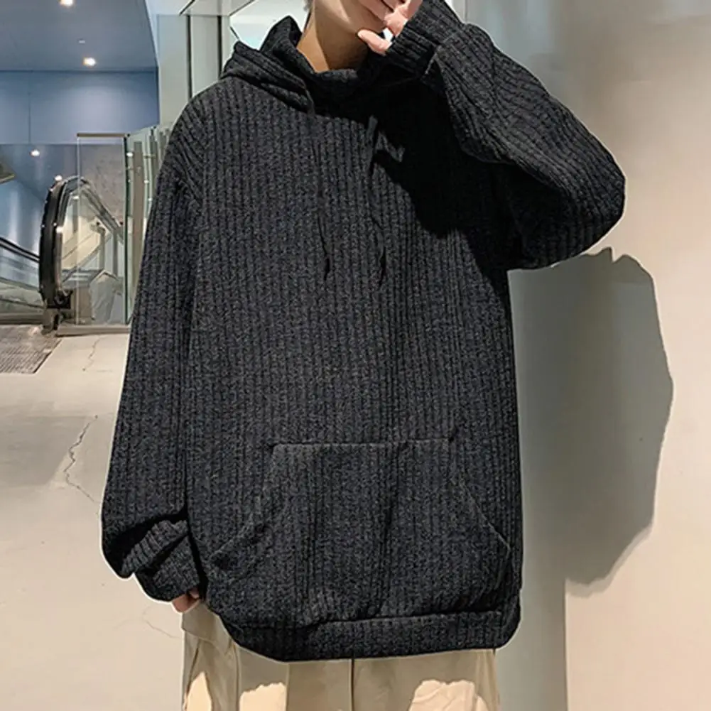 

Drawstring Long Sleeve Pocket Ribbed Woolen Sweatshirt Autumn Solid Color Loose Pullover Hoodie Jackets for men chaquetas hombre