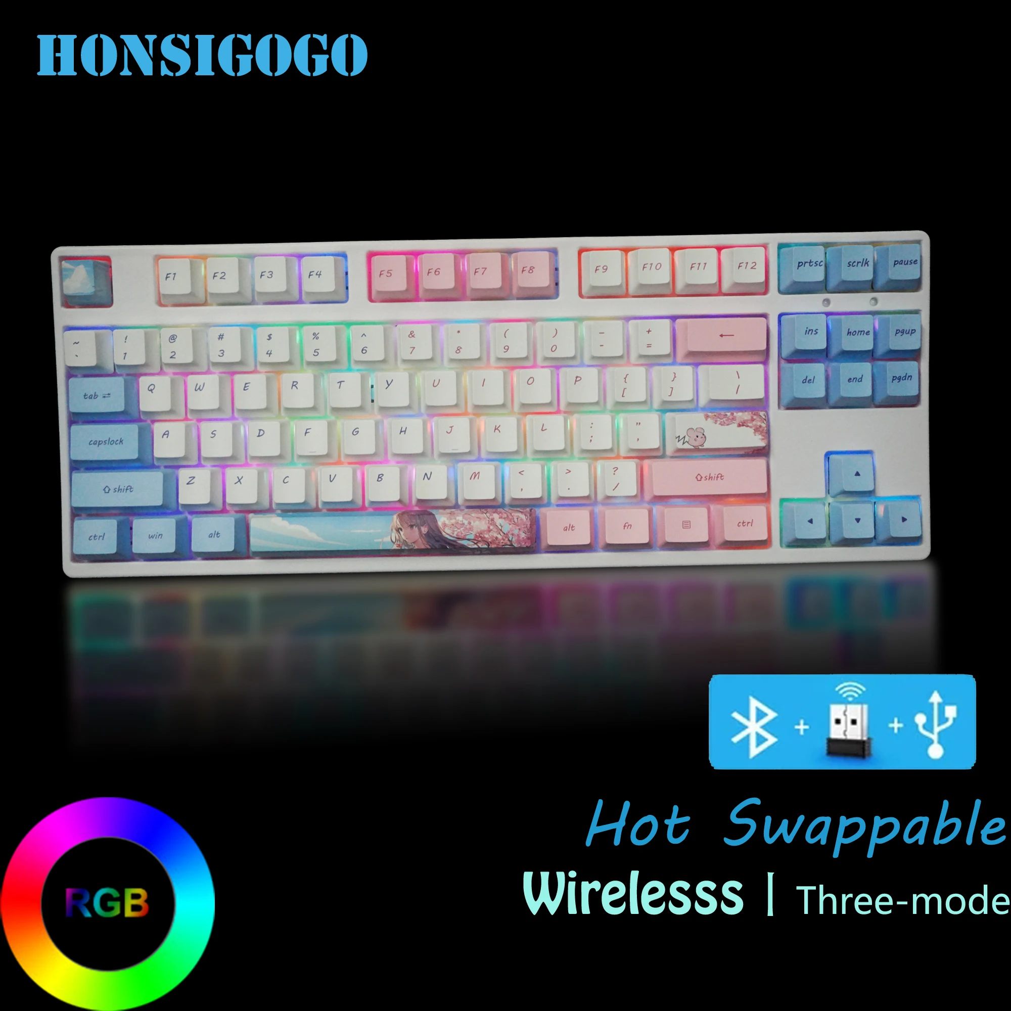 

Hon 87 Pro Kawaii Cute Blue Pink 75 Percent 87 Keys TKLMechanical Keyboard RGB Backlit Bluetooth Wireless PC Gamer Girl Clavier