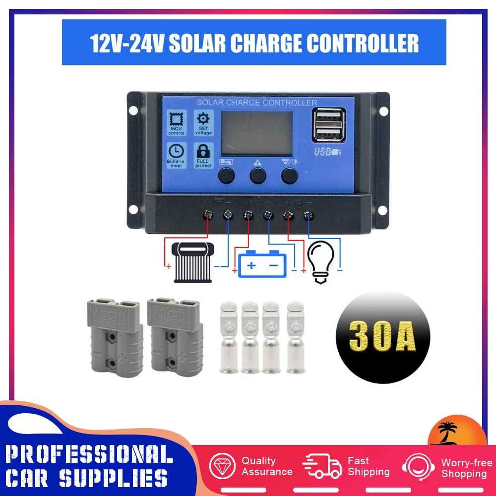 LCD Display PWM Solar Panel Regulator Charge Controller&Timer PWN Mobile Camper Accessories 30A Solar Charge Controller 12V/24V