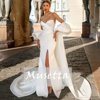 elegant strapless mermaid wedding dress high slit sleeveless bridal gown backless satin detachable train civil vestidos de novia