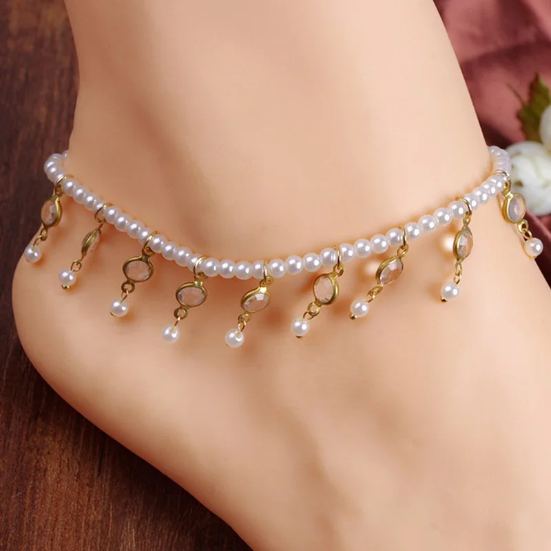 

Fashion Summer Beach Crystal Anklet For Women Bohemian Gold Silver Color Foot Chain Elasticity Pearl Ankle Bracelet Accessories