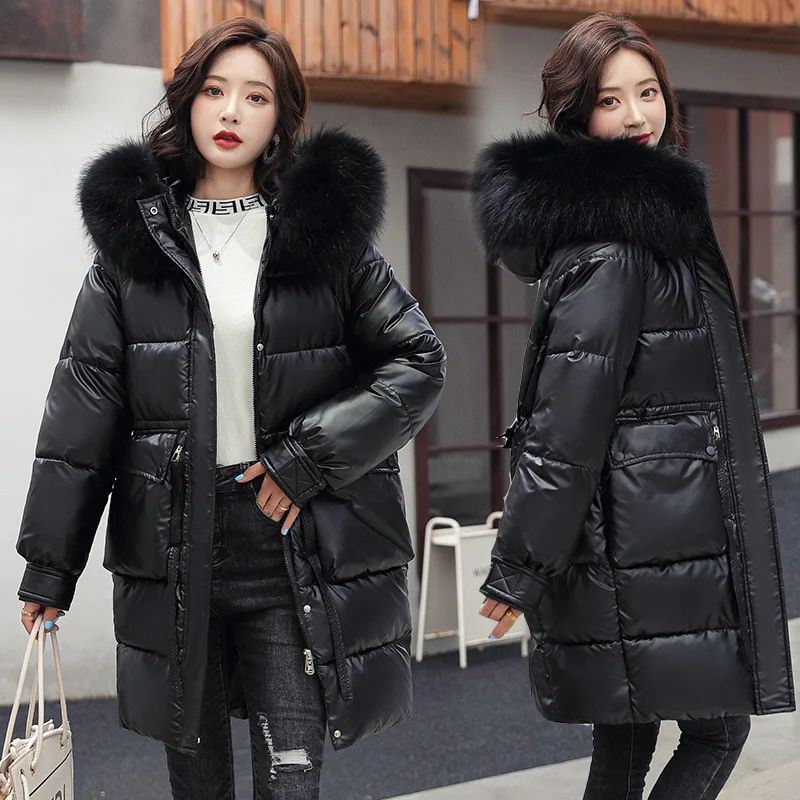 Winter Women Loose Long Jacket Casual Thick Warm Mid Length Hoodie Black Wind Snow Jacket Women Pocket Snow Coat