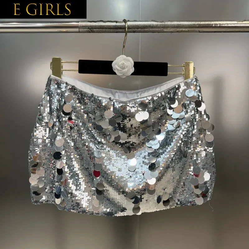 

E GIRLS 2023 Spring Summer New Collection Bright Silver Sequins Dropped Waist Short Mini Skirt Women GH202