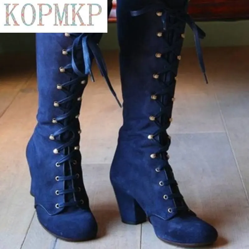 

New Style Cross-tied Knee-high Boots Women Winter Fashion Round Toe Square Heel Boots Solid Color Lace-up Riding Boot Size43