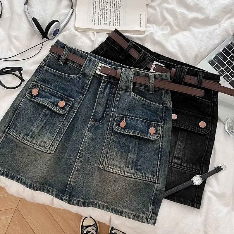 

Женская джинсовая юбка с высокой талией, повседневная облегающая трапециевидная мини-юбка с поясом и карманами в Корейском стиле, Прямая поставка