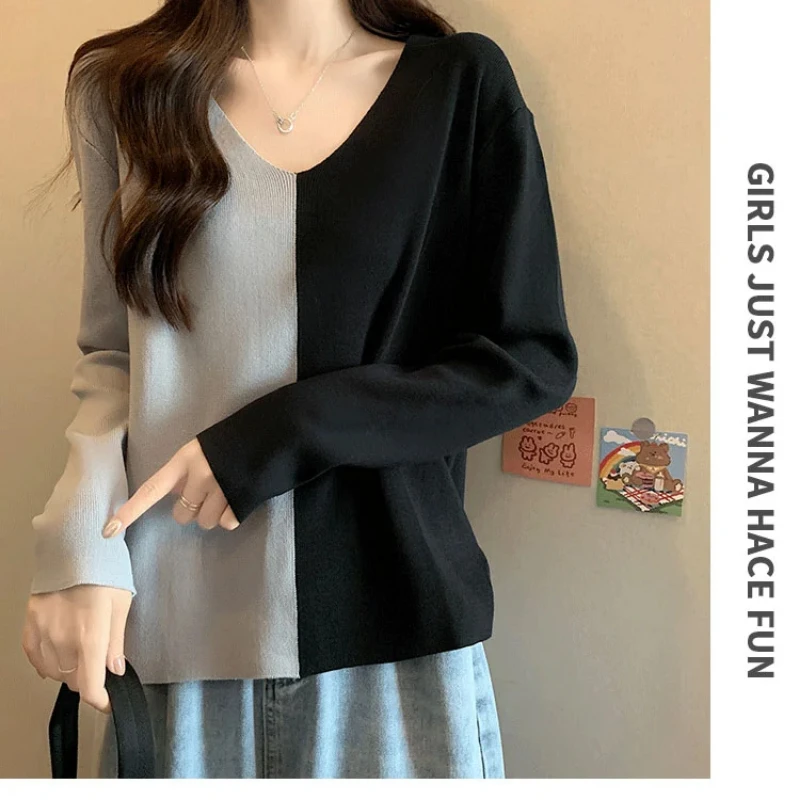 Женский свитер контрастных цветов свободные универсальные пуловеры с V-образным