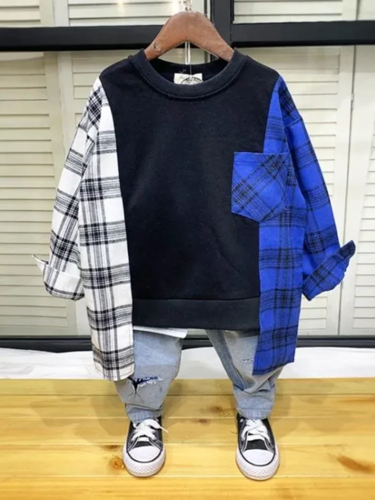 

Fashion Baby Boy Plaid Patchwork Sweater Spring Autumn Cotton Shirt 2022 New Korean Casual Bottoming Shirt Teen Long-sleeve Top