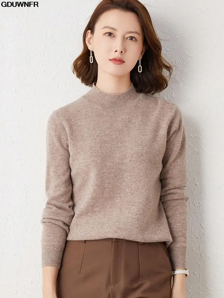 

Loose Sweater Plus-Size Knitted Wool Bottoming Shirt Casual Solid Mock Neck Wool Cashmere Sweater Female Autumn Winter