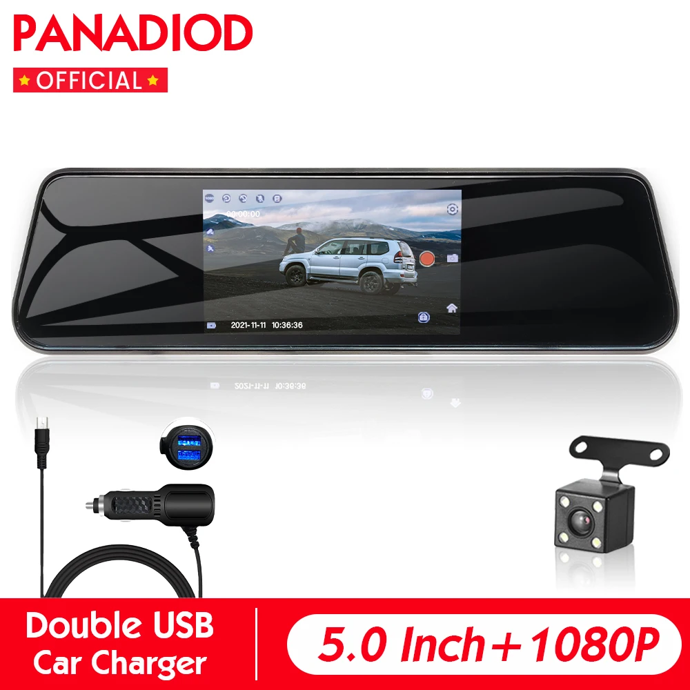 5-дюймовый сенсорный экран FHD автомобильного видеорегистратора-зеркала для записи 1080P видео в автомобиле с двойной камерой и ночным видением.