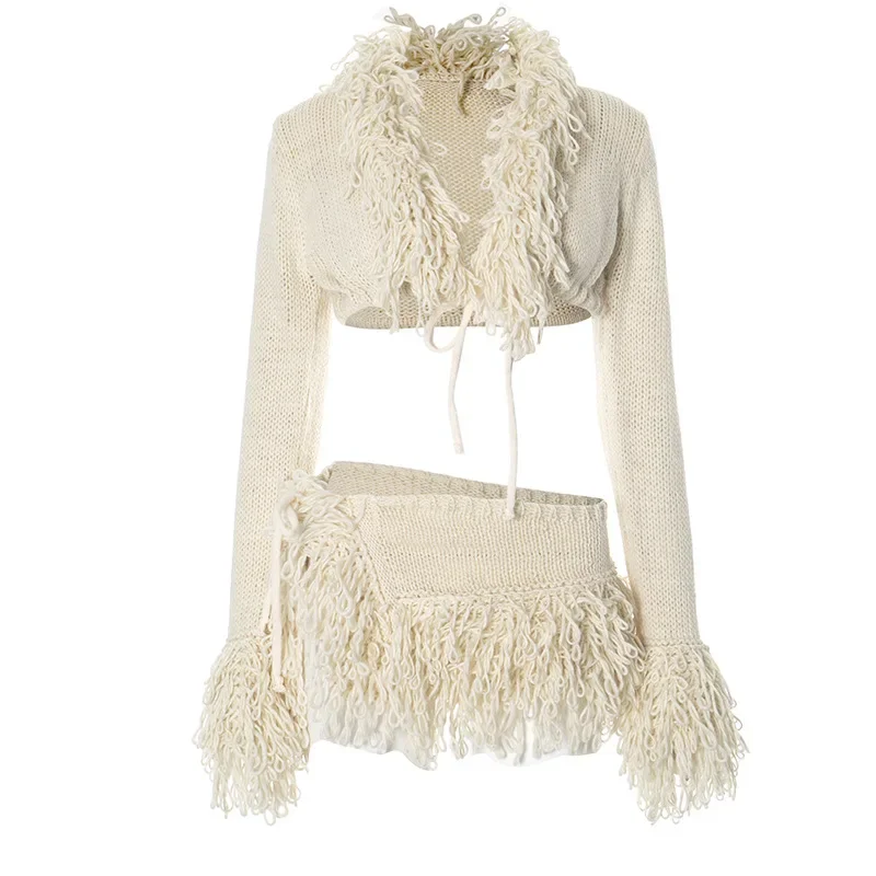 Сексуальный женский вязаный свитер с кисточками кардиган юбки разрезом