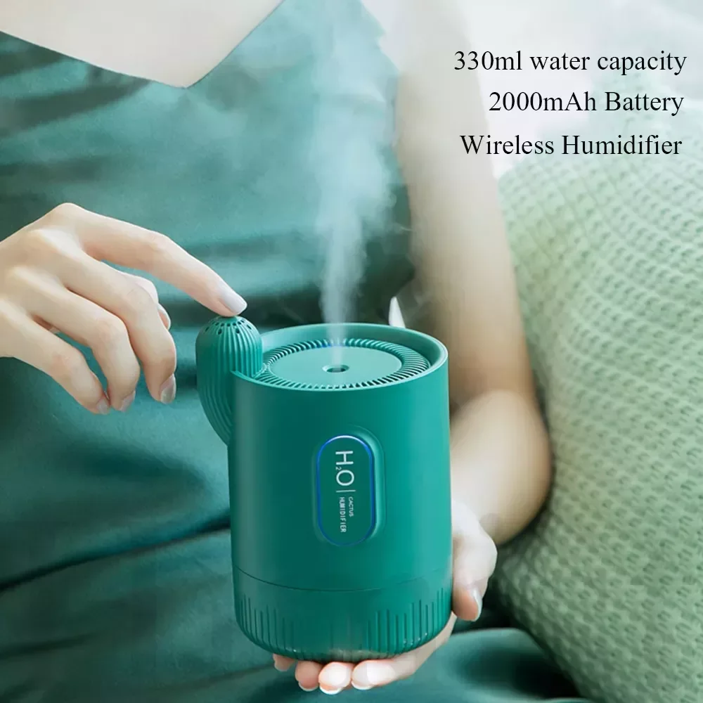 Wireless Air Humidifier 2000mAh Rechargeable Built-in Battery Cactus Ultrasonic Cool Mist Aroma Essential Oil Diffuser