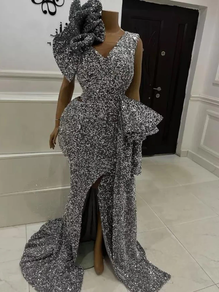 

New Fashion Evening Dress for Women Sequins Mermaid Side Slit Floor-Length Party Formal Occasion Elegantes Mujer Vestidos 2023