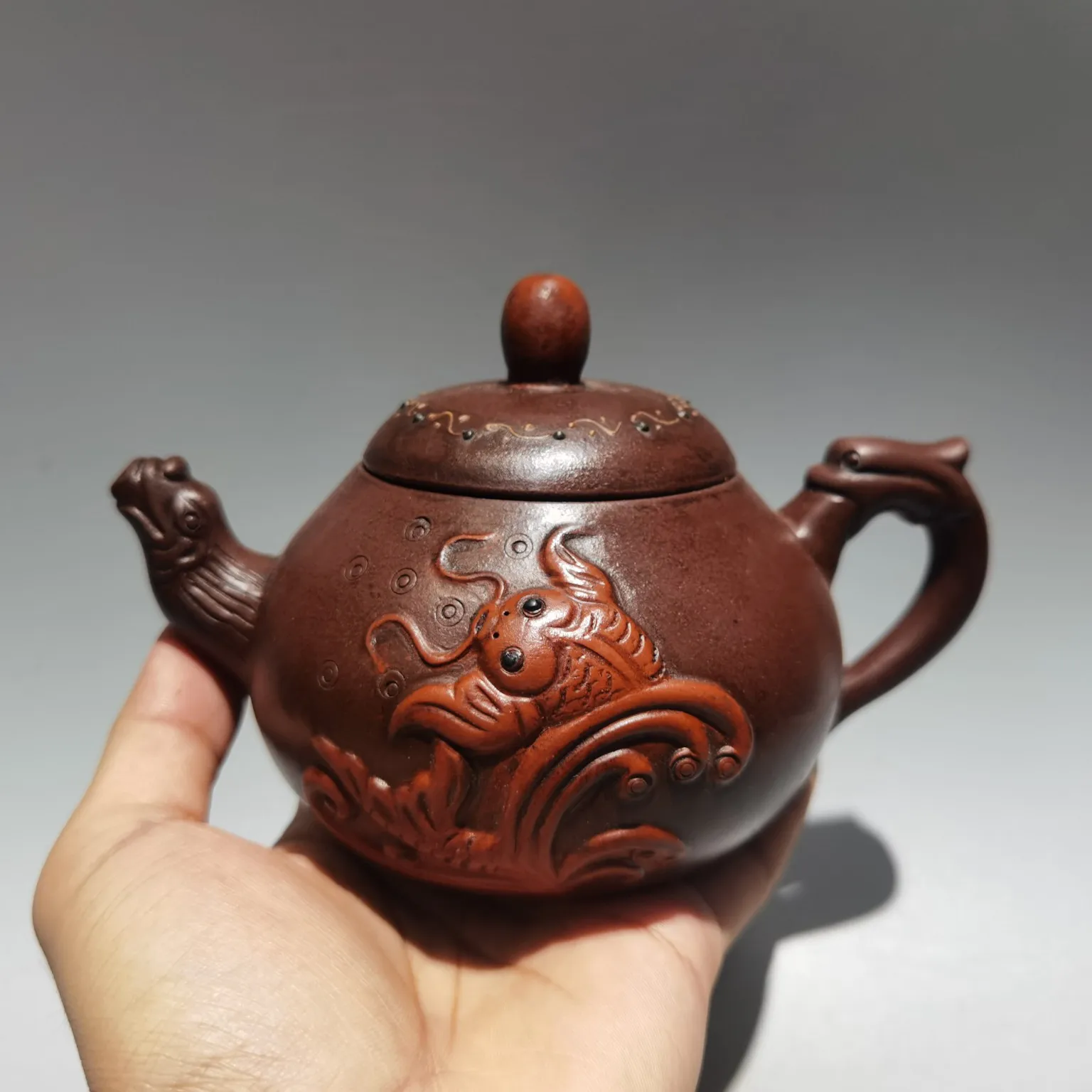 

7"Chinese Yixing Zisha Pottery beast mouth carp leaping over the dragon gate kettle teapot flagon purple mud office Ornaments