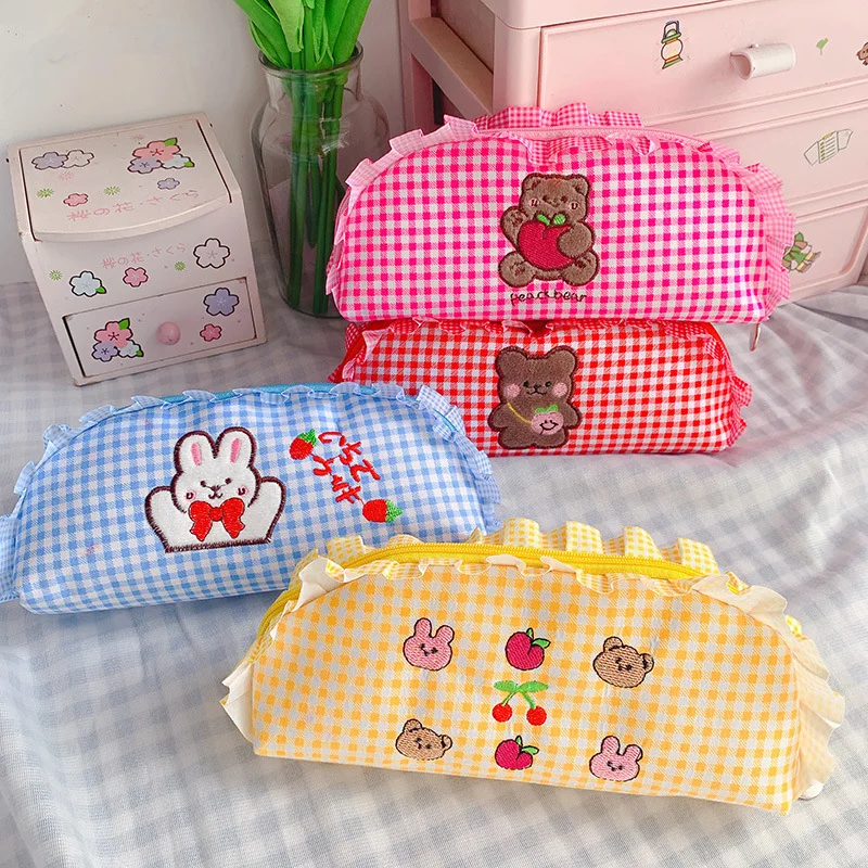 

Cartoon small animal polyester lace plaid pencil case student exam stationery girl pencil/ruler/eraser storage stationery box