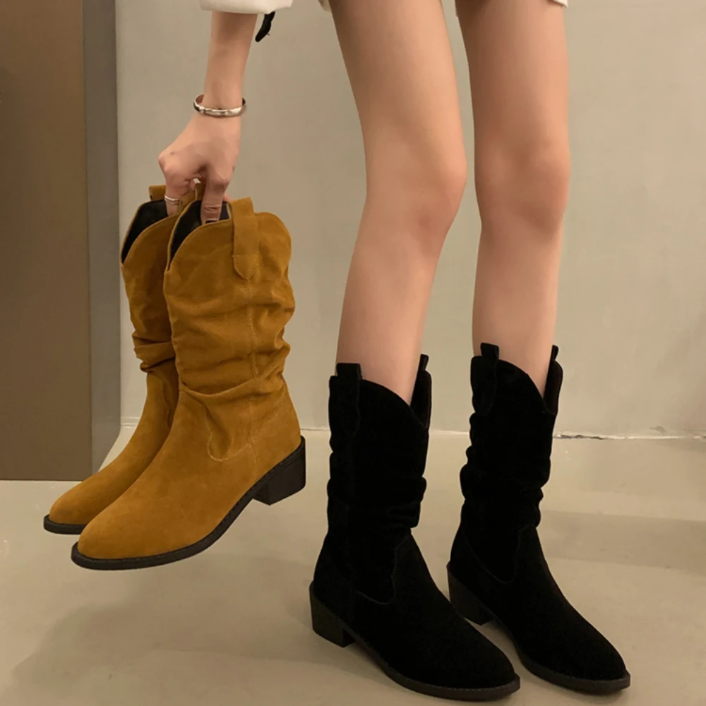 

Новые осенне-зимние винтажные ковбойские ботинки с острым носком на массивной подошве в западном стиле узкие ботинки средней длины небольшие женские плиссированные ботинки с ворсом