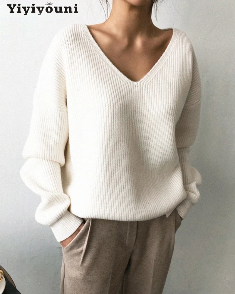 

Yiyiyouni Autumn Winter V-neck Knitted Oversized Sweaters Women Casual Long Sleeve Knitted Pullovers Women Solid Basic Sweaters