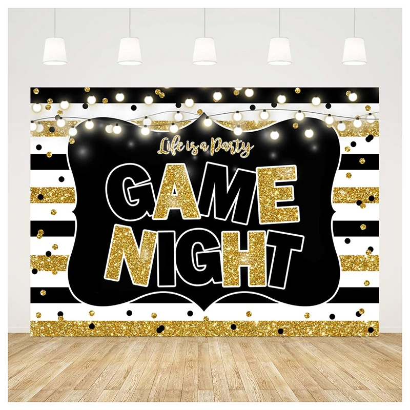 

Game Night Party Backdrop Black and Gold Stripes Photo Background Game On Birthday Party Supplies Kids Adults Gaming Party