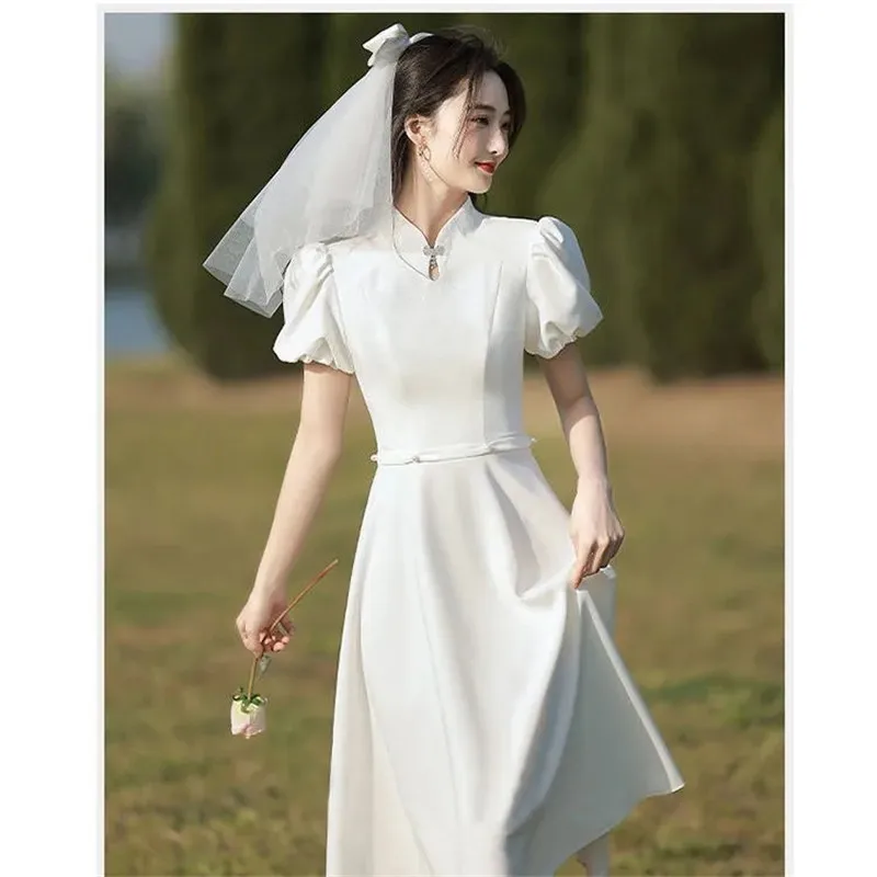 2023 New Summer Women's Dress White Stand Collar Short Sleeve Casual Sweet License Registration French Fairy Wind Long Dresses