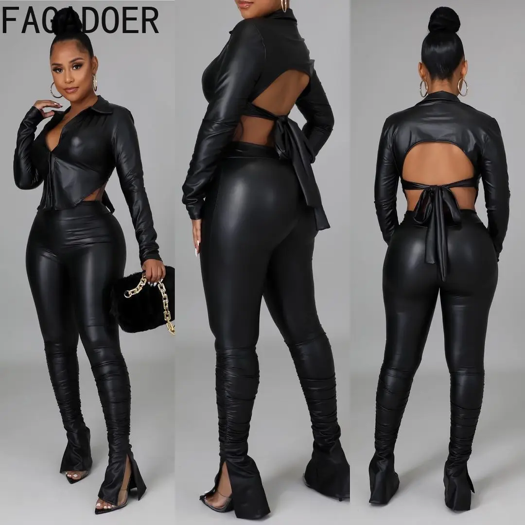 FAGADOER PU Leather 2  Piece Sets Bodycon Pants Women Fashion Outfits Back Hollow Out Lace Up Crop Top + Side Slit Stacked Pants