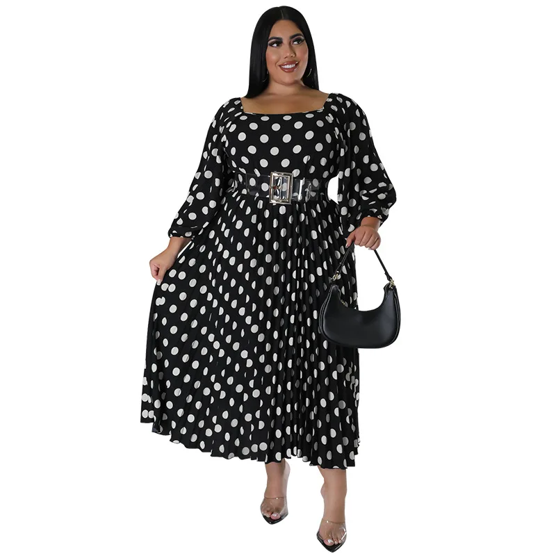 Plus Size Dress Long Sleeve Mid-Calf Belt Lantern Sleeve Square Collar Party Dresses Evening Dresses Elegant Dresses for Women