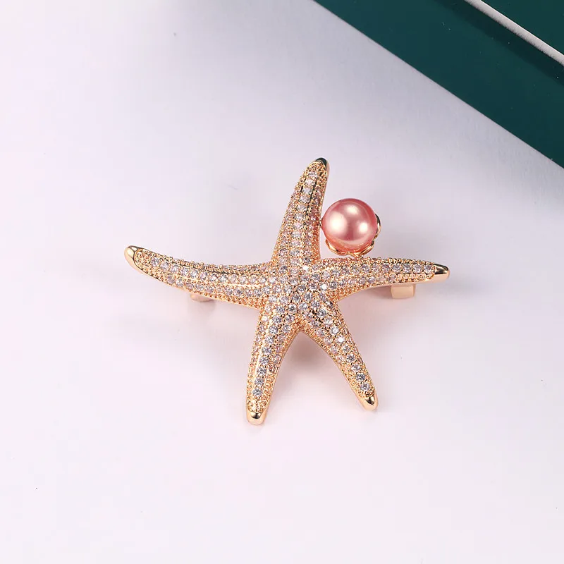 Starfish Fashion Pearl Brooch for Woman Female Rhinestone Scarf Buckle Breastpin Freshwater Pearl Ornament Lovely Girls' Gift
